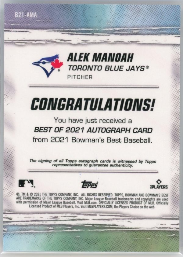 Alek Manoah Blue Jays 2021 Bowman's Best Rookie Auto Card #B21-AMA