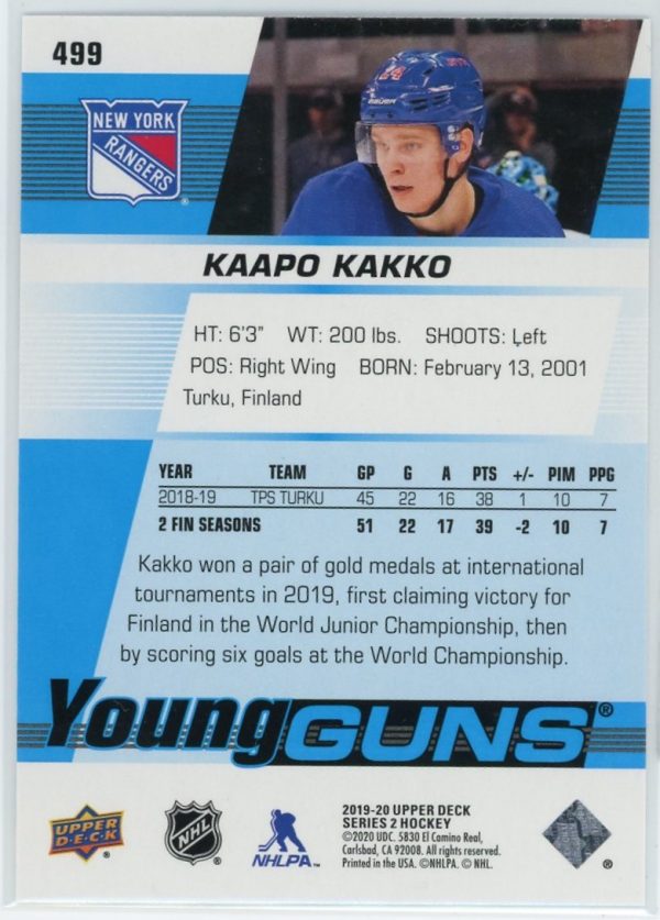 Kaapo Kakko Rangers 2019-20 UD Young Guns Rookie Card #499