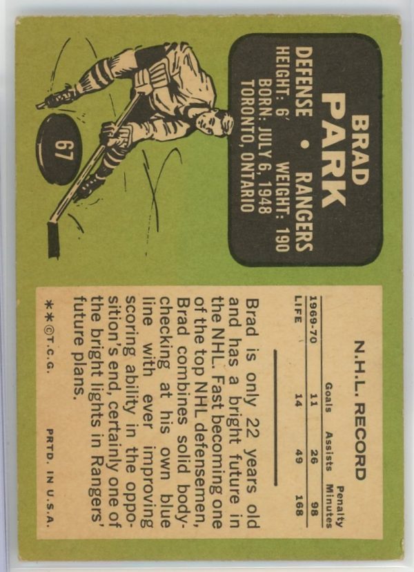 1970-71 Brad Park Rangers Topps Rookie Card #67