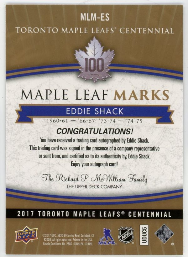 Eddie Shack 2017-18 UD Centennial Maple Leafs Marks Autograph #MLM-ES