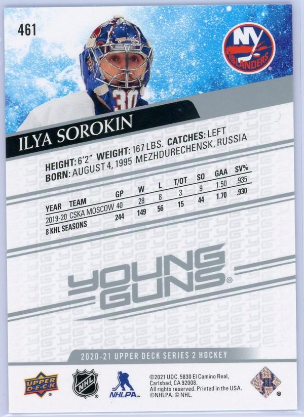 2020-21 Ilya Sorokin Islanders UD Young Guns Rookie Card #461