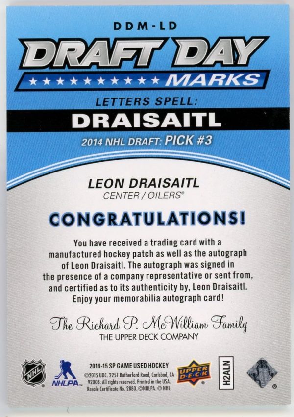 Leon Draisaitl 2014-15 UD SP Game Used Draft Day Letter Marks /35 #DDM-LD