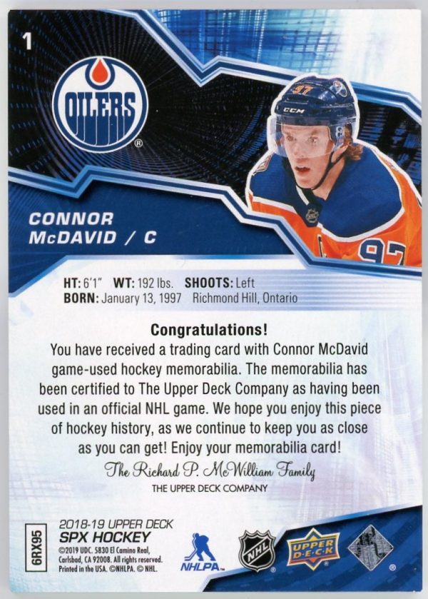 Connor Mcdavid 2018-19 UD SPX Game Worn Jersey Card #1