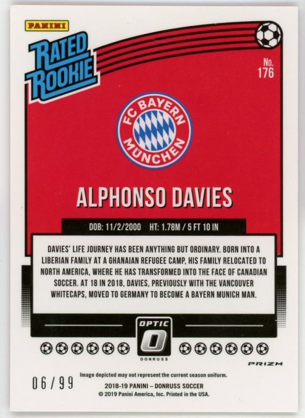 Alphonso Davies 2018-19 Panini Donruss Optic Rated Rookie Orange /99 #176