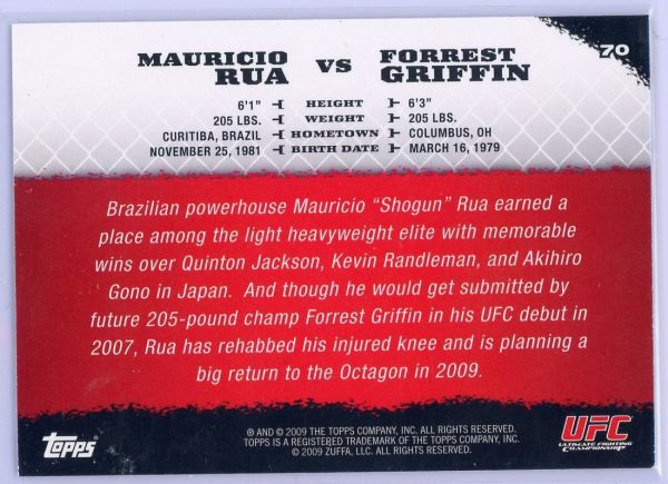 2009 Mauricio Rua vs Forrest Griffin UFC Topps Round 1 Rookie Card #70