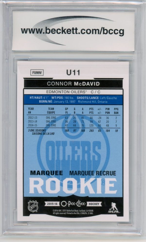 Connor McDavid Oilers OPC 2015-16 Rainbow Foil Marquee Rookie Card #U11 BCCG 10