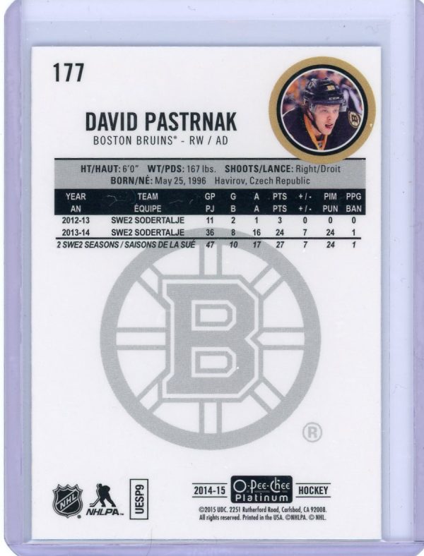 2014-15 David Pastrnak Bruins OPC Platinum Rookie Card #177