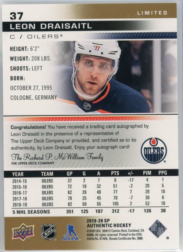 2020-21 Leon Draisaitl Oilers UD SP Authentic Gold Limited Auto Card #37