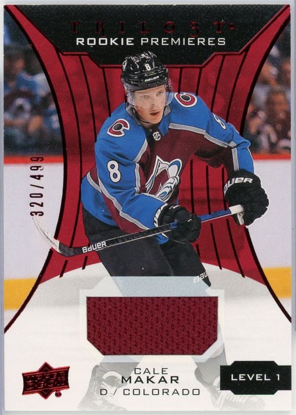 2019-20 Cale Makar Avalanche UD Trilogy Rookie Premieres /499 Patch Level 1 Red Foil Card #81