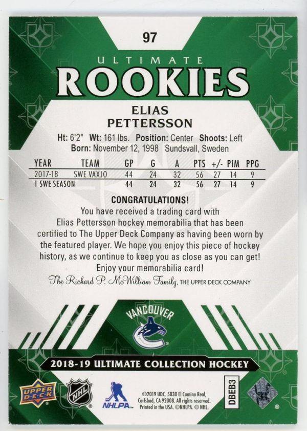 Elias Pettersson 2018-19 UD Ultimate Collection Rookies Jersey Patch /399 #97