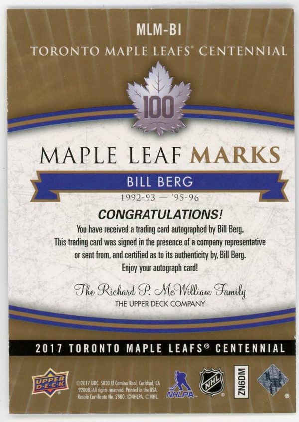 Bill Berg 2017-18 UD Centennial Maple Leafs Marks Autograph #MLM-BB