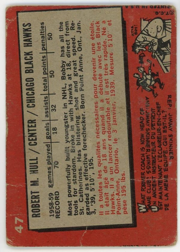 Bobby Hull 1959-60 Topps Hockey Card #47
