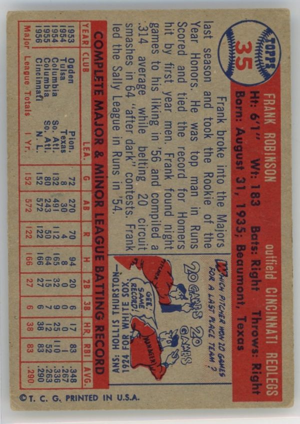 Frank Robinson Cincinnati Redlegs 1957 Topps Rookie Card #35