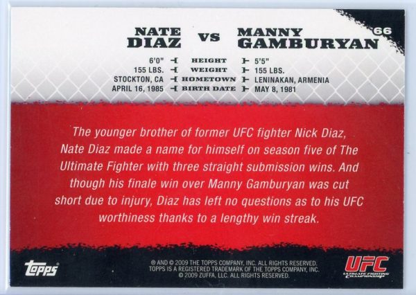 2009 Nate Diaz vs Manny Gamburyan UFC Topps Round 1 Rookie Card #66