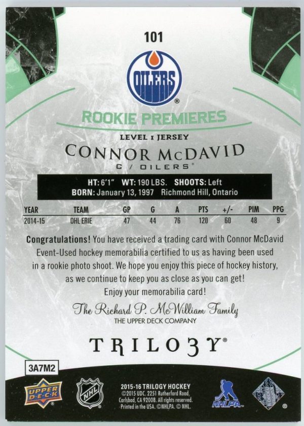 Connor Mcdavid 2015-16 UD Trilogy Rookie Premiers Level 1 Jersey /599 #101