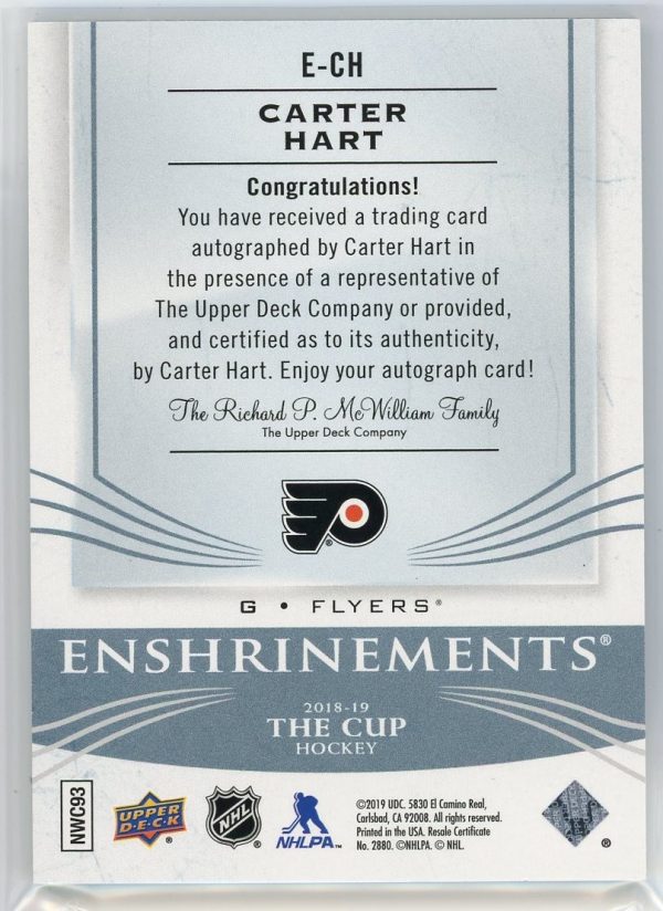 Carter Hart Flyers 2018-19 UD The Cup Enshrinements Auto Rookie /99 Card #E-CH