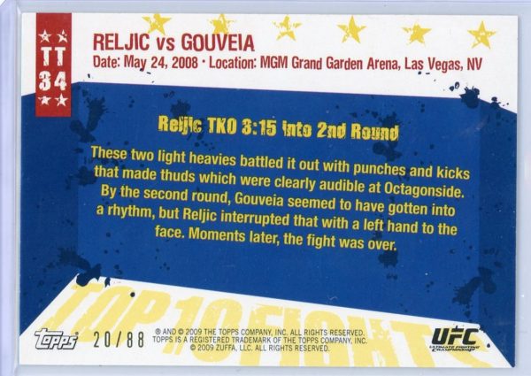 2009 Reljic vs Gouveia UFC Topps Round 1 Gold /88 Rookie Card #TT34