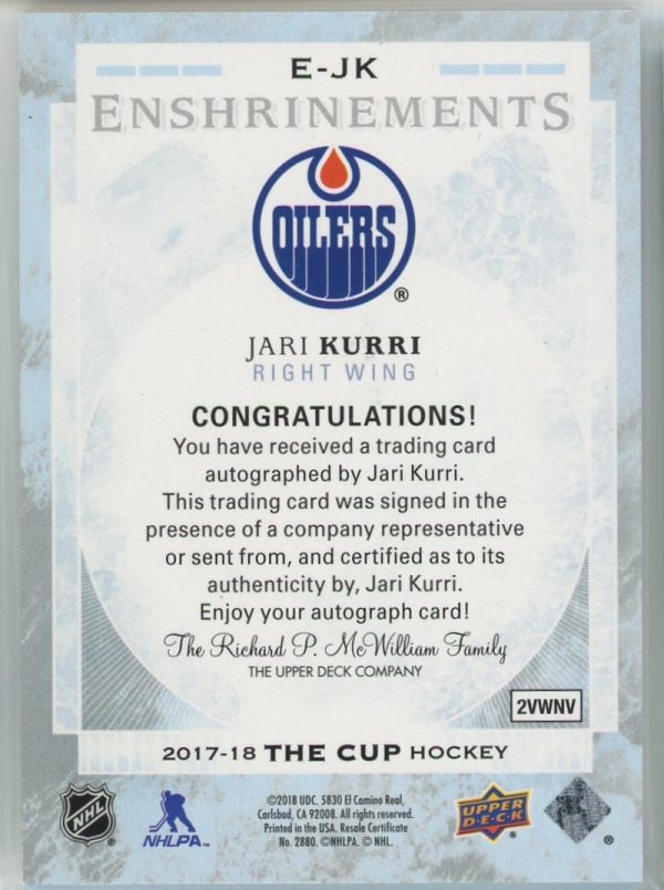 2017-18 Jari Kurri Oilers UD The Cup 93/99 Enshrinements Auto Card #E-JK