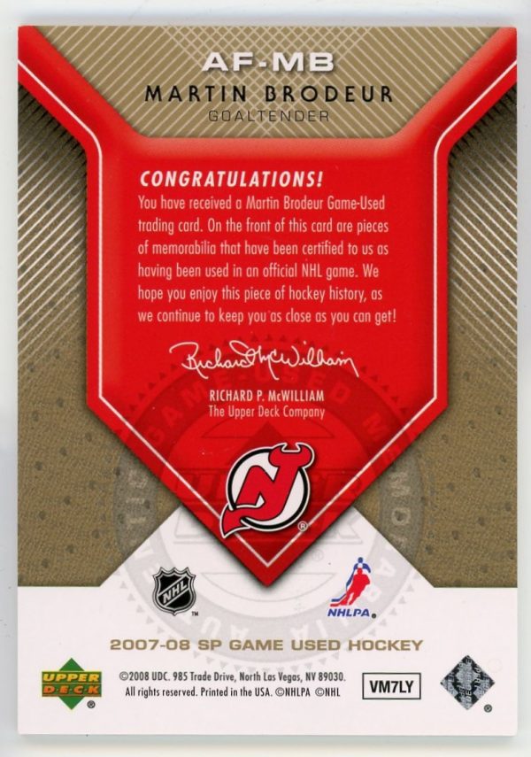 Martin Brodeur 2007-08 SP Game Used Authentic Fabrics Gold Dual Patch /50 AF-MB