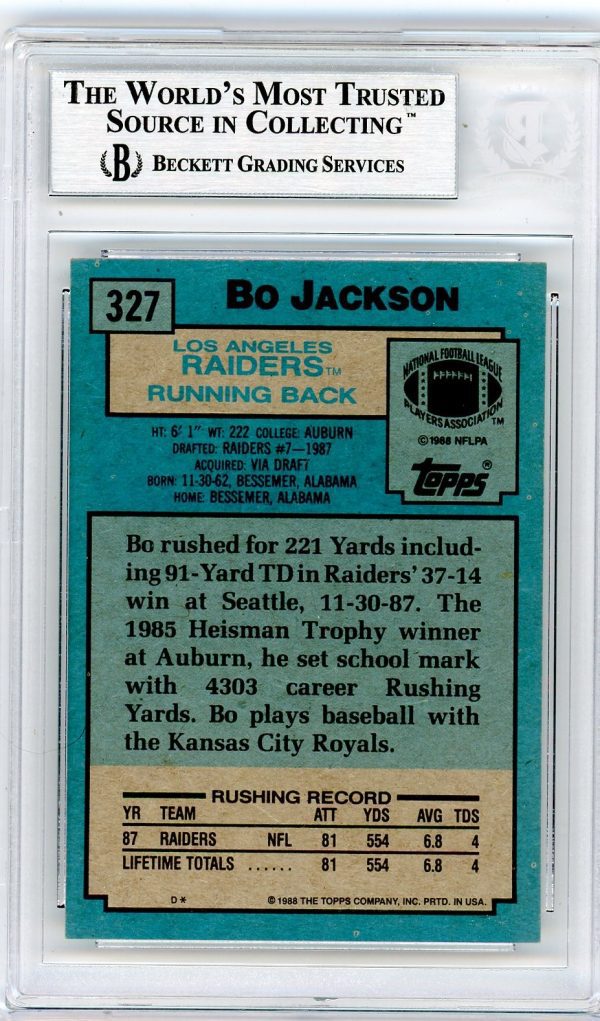 1988 Bo Jackson Raiders Topps Beckett Authentic Auto Rookie Card #327