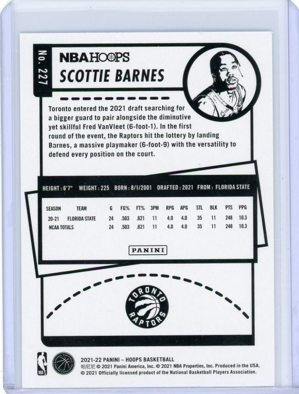 2021-22 Scottie Barnes Raptors Panini NBA Hoops Rookie Card #227