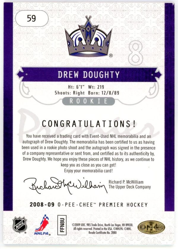 Drew Doughty 2008-09 O-Pee-Chee Premier Rookie Auto/Patch /299 #59