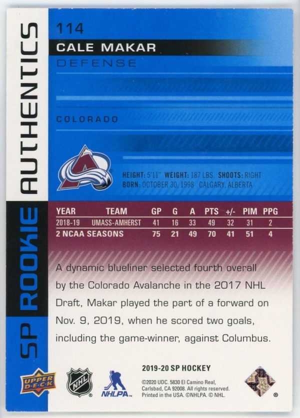 2019-20 Cale Makar Avalanche UD SP Authentics Blue Rookie Card #114