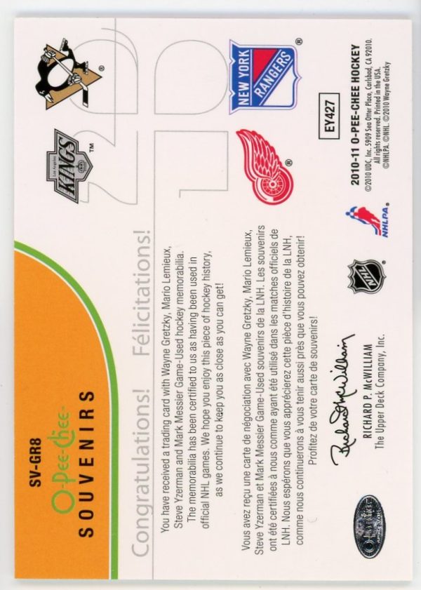 Gretzky, Lemieux, Yzerman, Messier 2010-11 OPC Quad Jersey Card SV-GR8