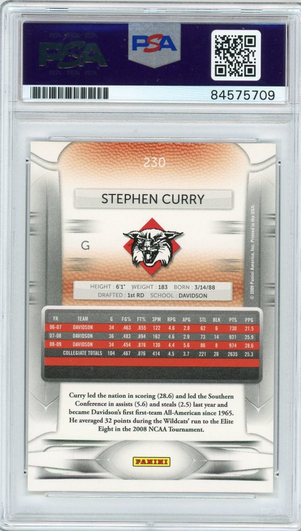 2009 Stephen Curry Davidson Panini PSA/DNA Authentic Auto Rookie Card #230