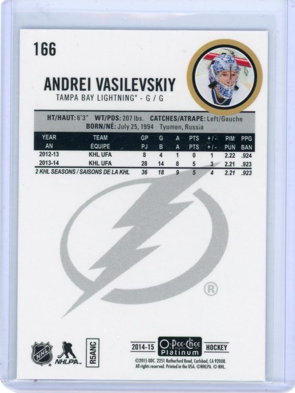 2014-2015 Andrei Vasilevskiy Lightning OPC Platinum Rookie Card #166