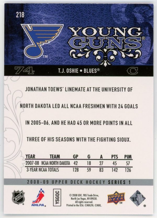 T.J. Oshie 2008-09 Upper Deck Series 1 Young Guns #218