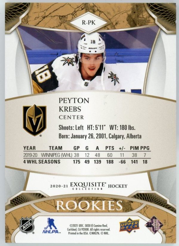 Peyton Krebs 2020-21 UD Exquisite Collection Gold Rookie Card /99 #P-PK