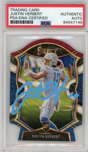 2020 Justin Herbert Chargers Panini Select PSA/DNA Authentic Auto Tri Color Die Cut Rookie Card #44