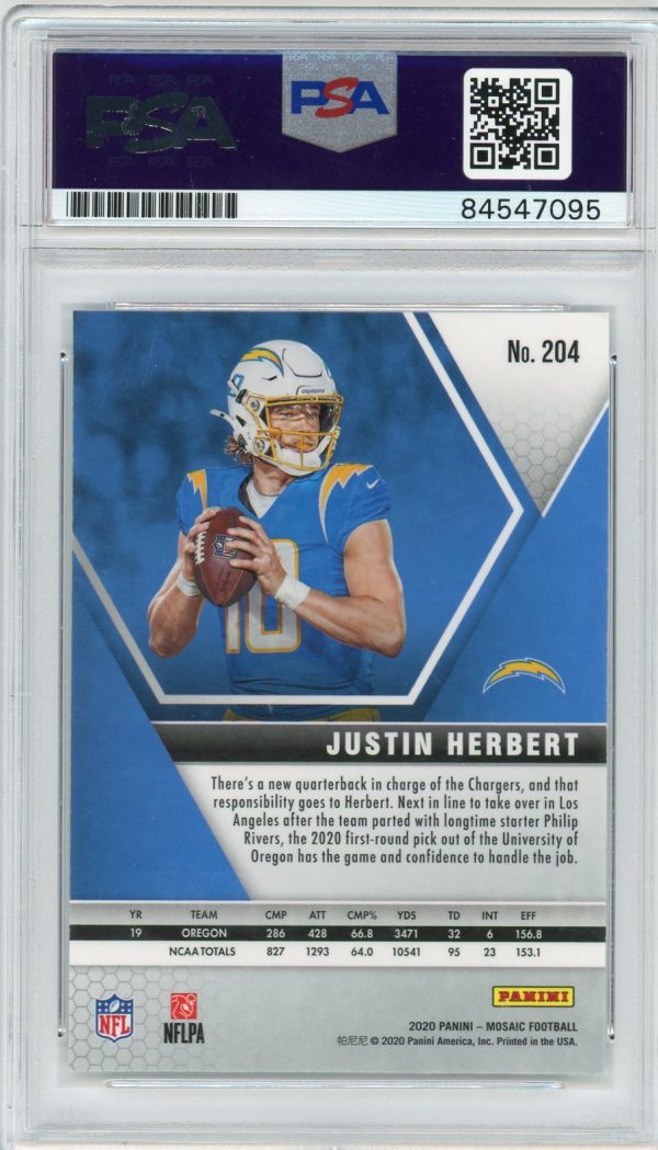 2020 Justin Herbert Chargers Panini Mosaic PSA/DNA Authentic Auto Rookie Card #204