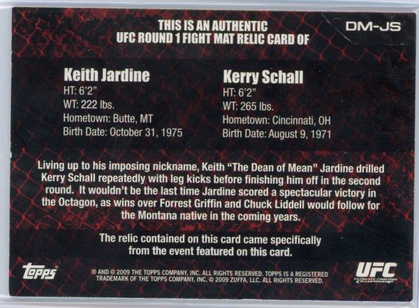 2009 Keith Jardine vs Kerry Schall UFC Mat Relic Rookie Card #DM-JS