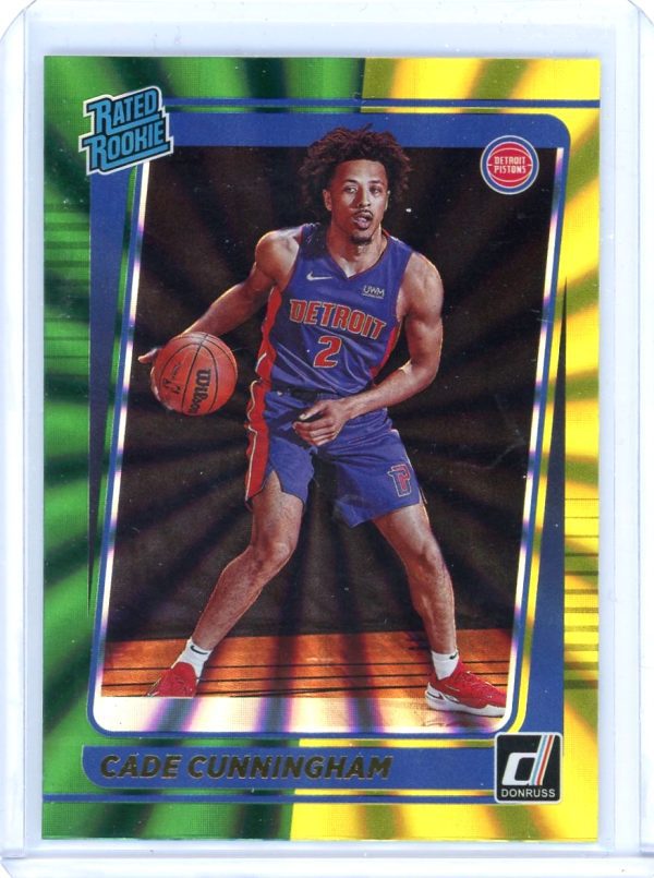 Cade Cunningham Pistons 2021-22 Donruss Green Yellow Laser Holo Rated Rookie Card #211
