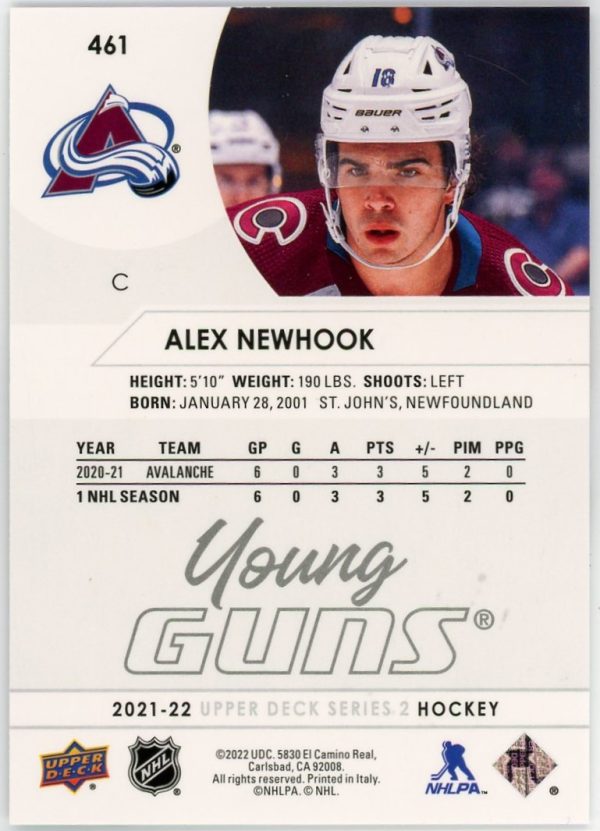 Alex Newhook 2021-22 Upper Deck Series 2 Young Guns #461