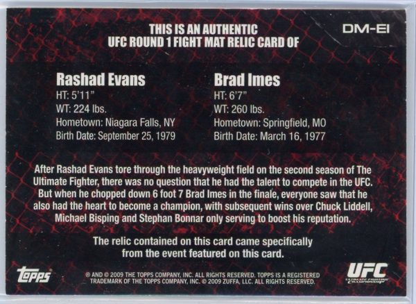 2009 Rashad Evans vs Brad Imes UFC Topps Round 1 Mat Relic Rookie Card #DM-EI