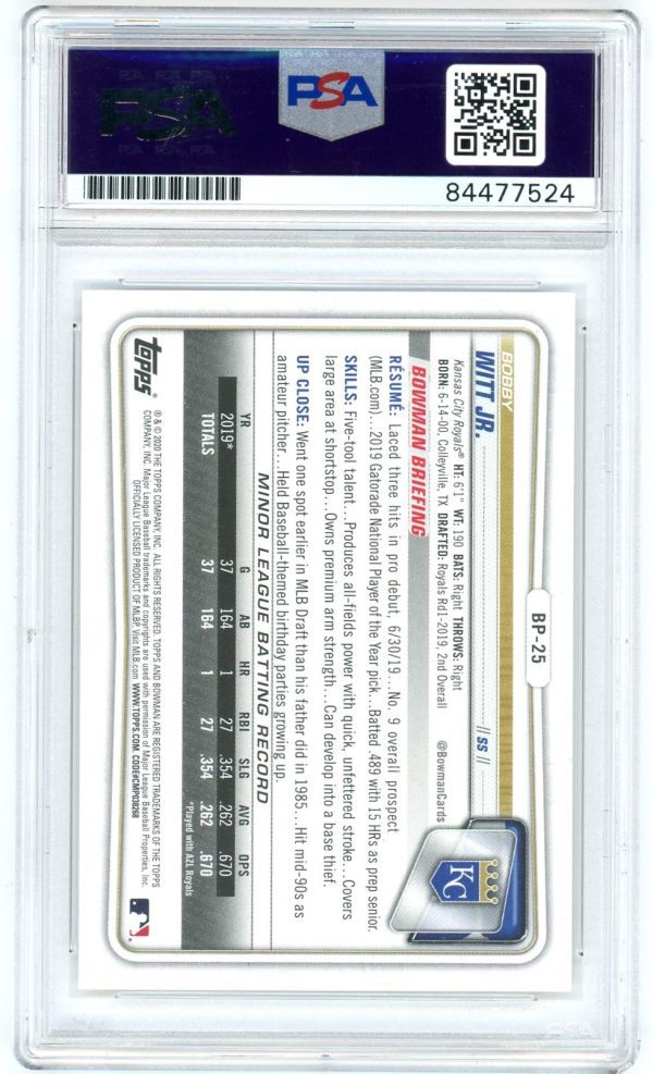 2020 Bobby Whitt Jr. Royals Topps PSA/DNA Auto Grade Gem MT 10 Card #BP-25