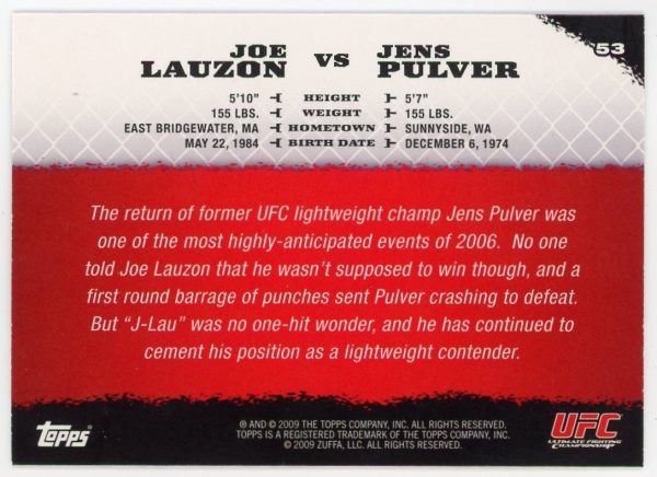 2009 Joe Lauzon vs Jens Pulver UFC Topps Round 1 Rookie Card #53