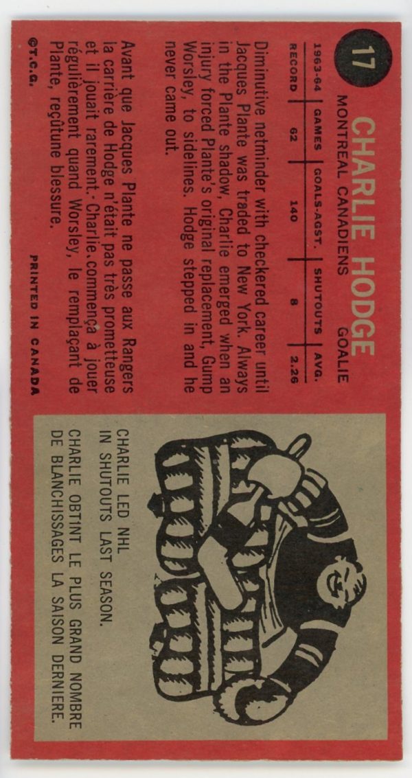 Charlie Hodge Canadiens 1964-65 Topps Tall Boys Card #17