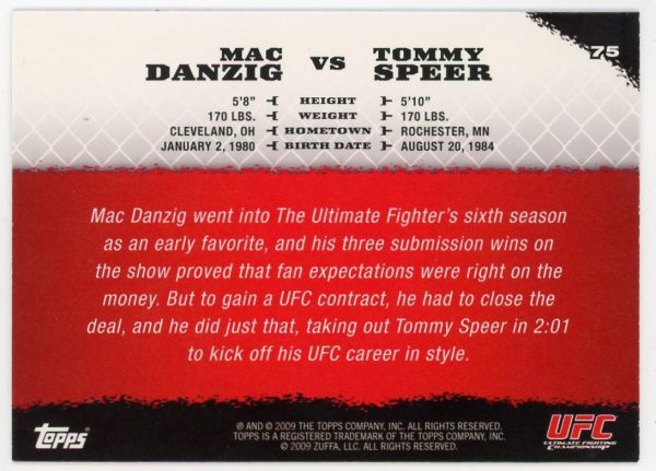 2009 Mac Danzig vs Tommy Speer UFC Topps Round 1 Rookie Card #75