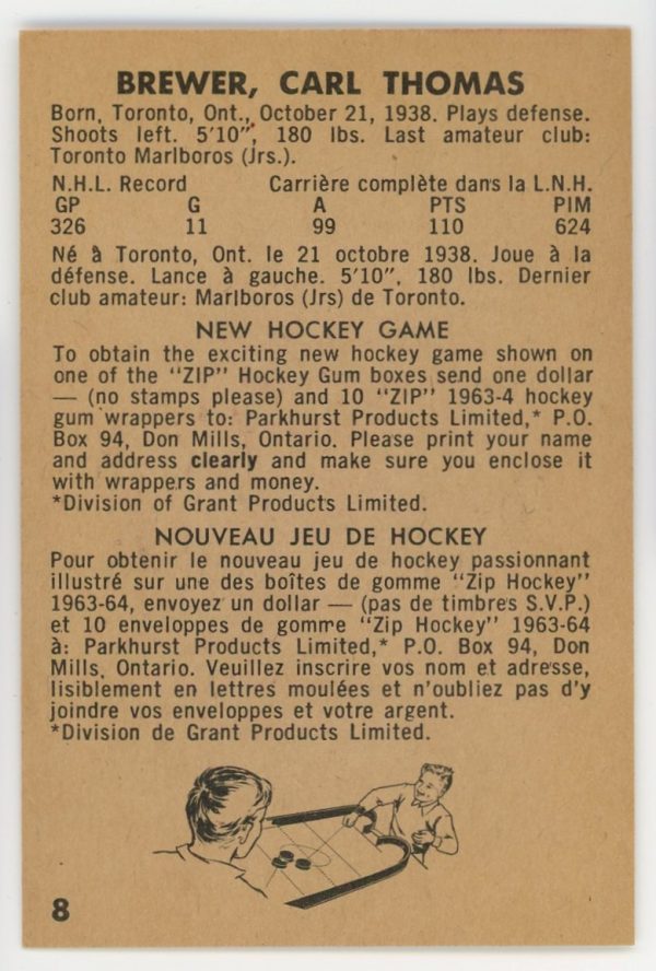 Carl Brewer Leafs 1963-64 Parkhurst Card #8