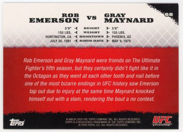 2009 Rob Emerson vs Gray Maynard UFC Topps Round 1 Rookie Card #68