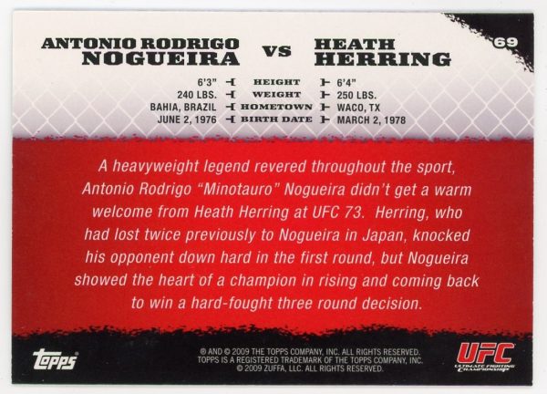 2009 Antonio Nogueria vs Heath Herring UFC Topps Round 1 Rookie Card #69