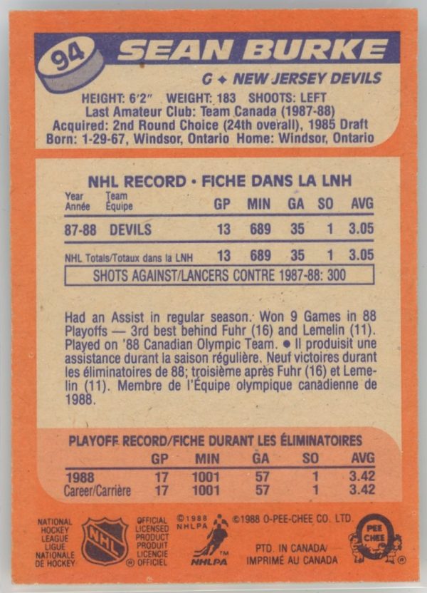 1988 Sean Burke Devils OPC Rookie Card #94