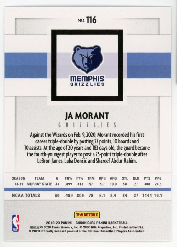 Ja Morant Grizzlies 2019-20 Chronicles Young Dolph Rookie Card #116