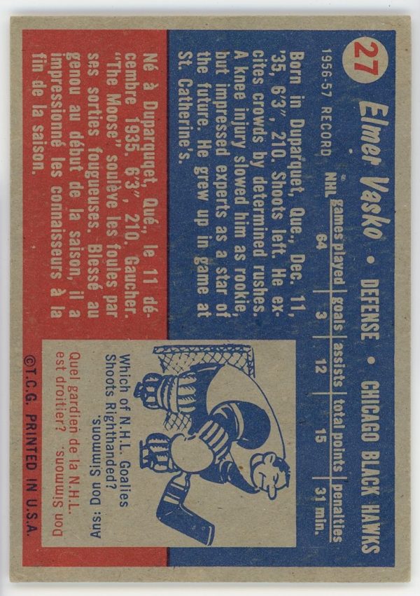 Elmer Vasko Blackhawks 1957-58 Topps Rookie Card #27
