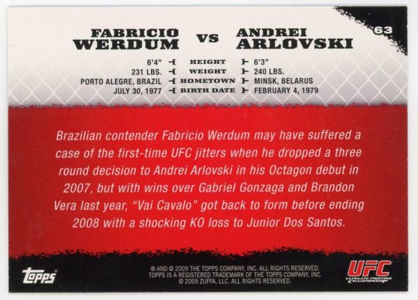 2009 Fabricio Werdum vs Andrei Arlovski UFC Topps Round 1 Rookie Card #63