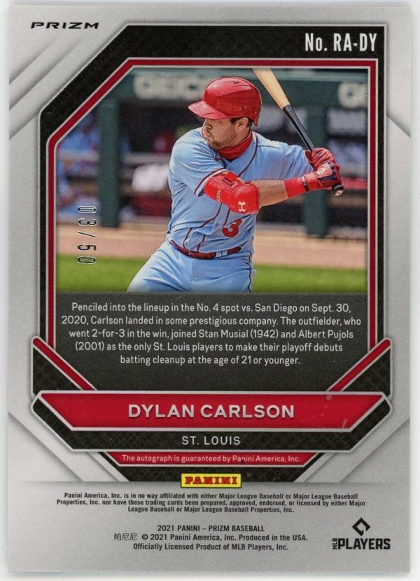 Dylan Carlson 2021 Panini Prizm Baseball Cosmic Haze Rookie Auto 03/50 Jersey Numbered #RA-DY